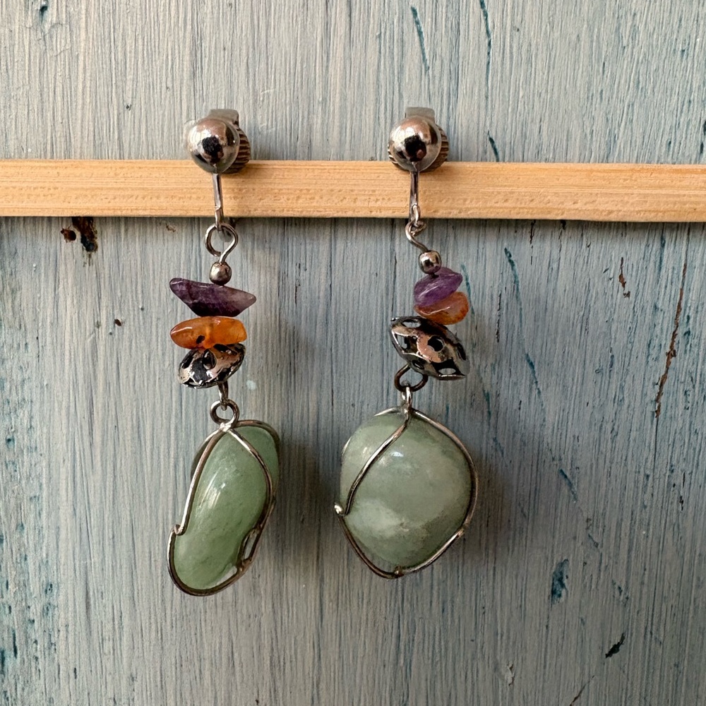 Silver and Green Stone Dangle Earrings - Picture 8 of 8